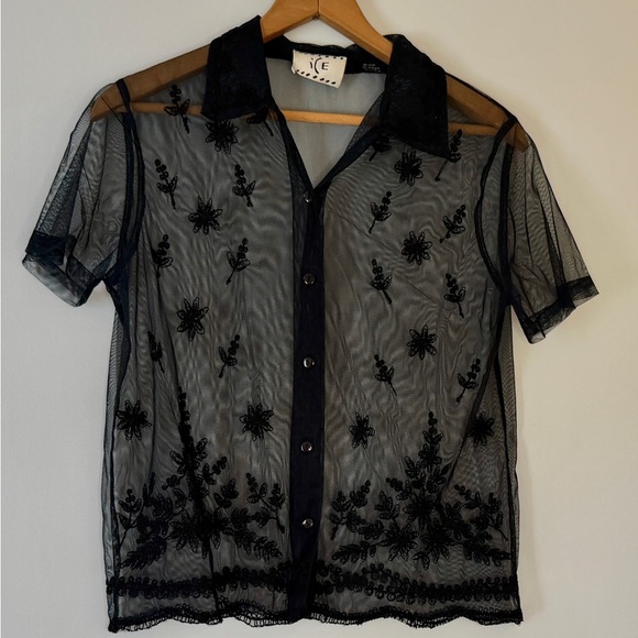 Ice Tops - Vintage Sheer Black Embroidered Button Up Shirt Small Y2K Whimsigoth Mesh Floral